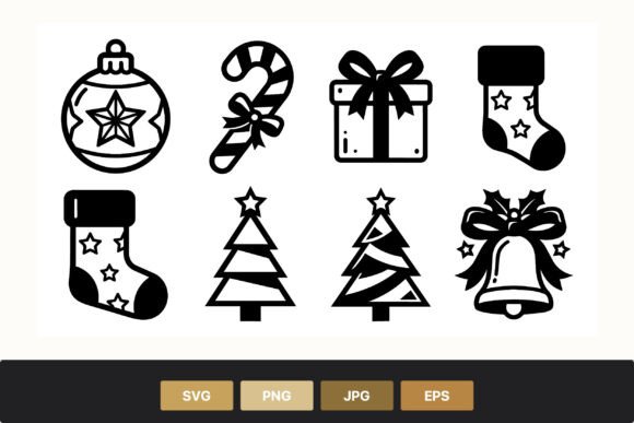 Christmas Icons Black White Set for Illustrations