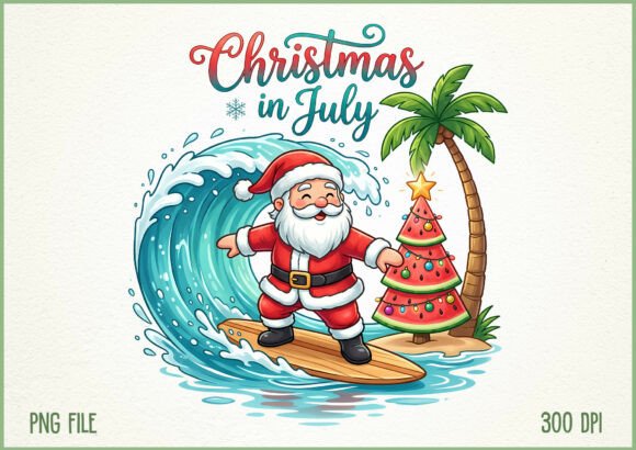 Christmas in July Surfing Santa Beach Illustrations Review