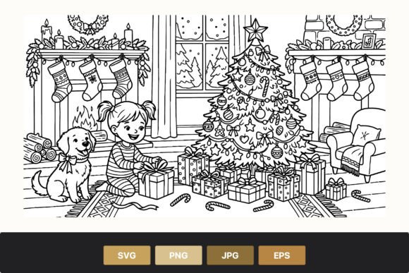 Christmas Tree Gifts Girl Dog Line Art Illustrations Review