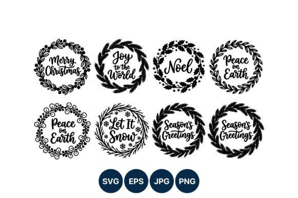 Christmas Wreaths with Holiday Phrases Illustrations