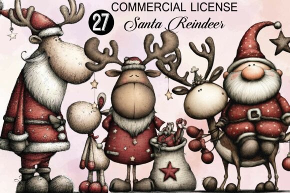 Santa Reindeer Christmas Clipart for Illustrations and Crafts