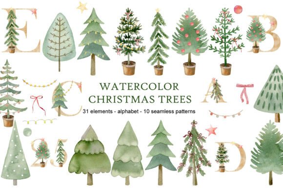 Watercolor Christmas Trees Clipart for Illustrations