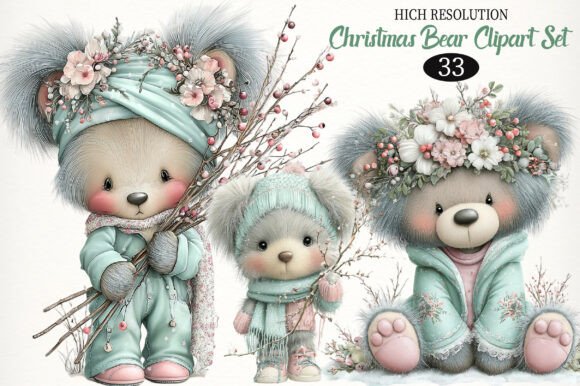 Whimsical Christmas Bear Clipart Set for Illustrations